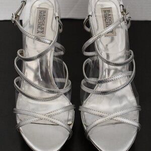 Strappy, silver Badgley Mischka heel. (Approx 5 in) Women's Size 9.5 (US)